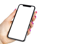 Smartphone Mockup In Woman Hand. New Modern Black Frameless Smartphone Mockup With Blank White Screen. Isolated On White Background. Empty Space For Text. Copy Space. Isolated White Screen