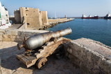 Fototapeta Tęcza - Artillery cannon gun in front of Carlo V Castle in port Monopoli, Apulia, Bari province, Italy