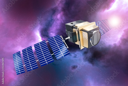 Fotografía artificial satellite concept 3D rendering in the space purple nebula and sun