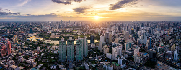Wall Mural - aerial view of bangkok skyline and skyscraper on sukhumvit center of business in capital. panorama o