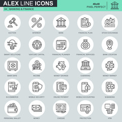 Poster - Thin line banking and finance icons set for website and mobile site and apps. Contains such Icons as Bank, Money, Financial Plan, M-commerce. 48x48 Pixel Perfect. Editable Stroke. Vector illustration.