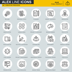 Poster - Thin line creative process and project workflow icons set for website and mobile site and apps. Contains such Icons as Inspiration, Big Idea. 48x48 Pixel Perfect. Editable Stroke. Vector illustration.