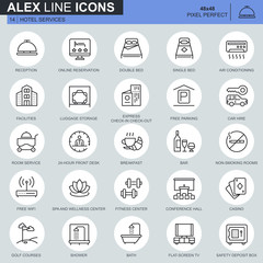 Poster - Thin line hotel services and facilities, online booking icons set for website and mobile site apps. Contains such Icons as Reception, Bar. 48x48 Pixel Perfect. Editable Stroke. Vector illustration.