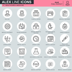 Poster - Thin line healthcare and medicine, hospital services icons set for website and mobile site and apps. Contains such Icons as Doctor, Nurse. 48x48 Pixel Perfect. Editable Stroke. Vector illustration.