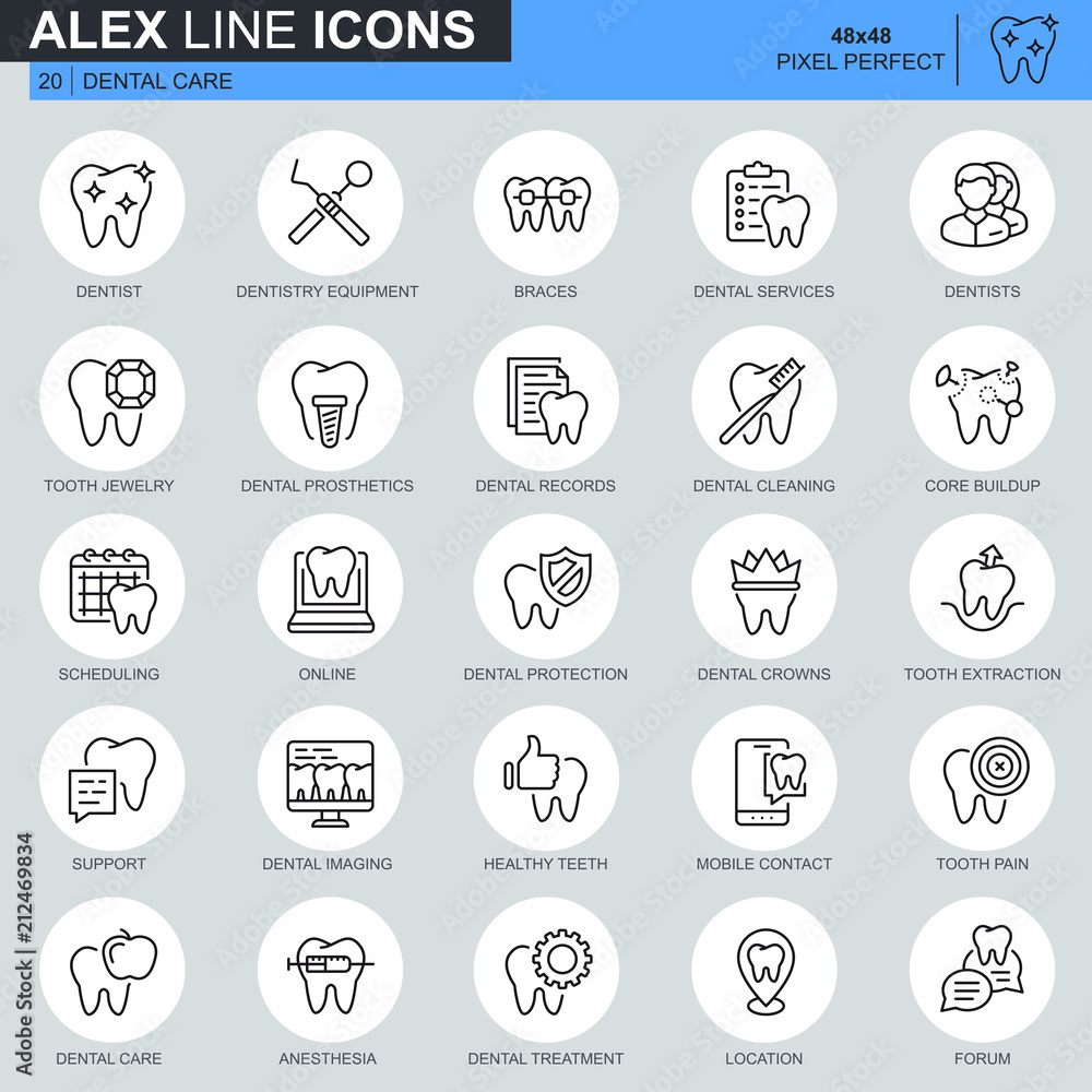 Thin line dental care, dentistry equipment, hygiene icons set for ...