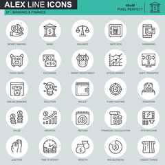 Leinwandbilder - Thin line banking and finance icons set for website and mobile site and apps. Contains such Icons as E-Banking, Auction, Financial Growth. 48x48 Pixel Perfect. Editable Stroke. Vector illustration.