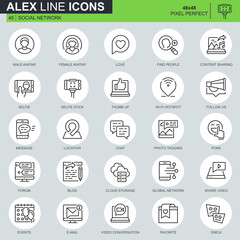 Leinwandbilder - Thin line social media and network icons set for website and mobile site and apps. Contains such Icons as Avatar, Blogging, Friendship. 48x48 Pixel Perfect. Editable Stroke. Vector illustration.