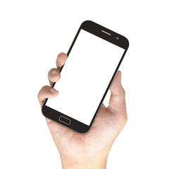 Poster - hand holding black smartphone with blank screen, isolated on whi