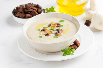 Canvas Print - Mushroom cream soup with cream, croutons of dark bread, olive oil, tasty healthy food