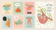 Set of cards with cute hand drawn sloths hanging on the tree. Lazy animal characters.
