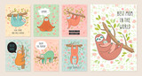 Fototapeta Pokój dzieciecy - Set of cards with cute hand drawn sloths hanging on the tree. Lazy animal characters.