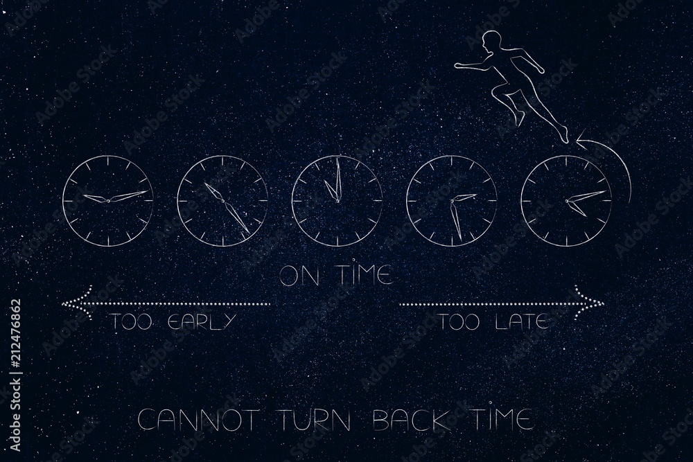 man trying to reverse time by running backwards on group of clocks with ...