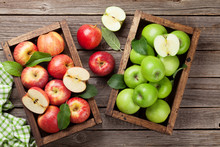 Green And Red Apples In Wooden Box