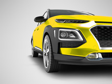 Modern Yellow Car Crossover For Travel With Black Insets In Front 3d Render On Gray Background With Shadows