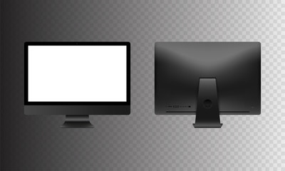 Stock vector illustration realistic set personal professional desktop computer, PC. Modern flat screen monitor. Back side computer display isolated on a transparent background. White screen mock-up