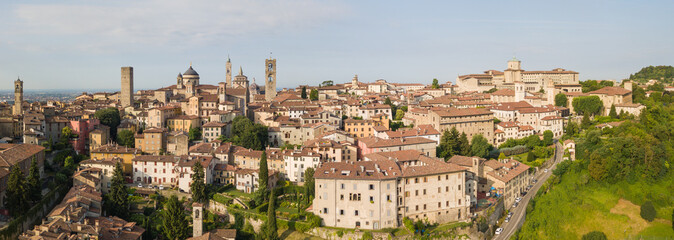 Drone aerial view of Bergamo - Old city. One of the beautiful town in Italy. Landscape to the city center and its historical buildings