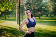 © Вероника Преображенс - A beautiful girl in the park is engaged in sports. A model with clean skin and oboyatelnoy ulvbkoy in sportswear. Open-air trainings.