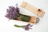Fototapeta Lawenda - Flat lay composition with lavender flowers on light background