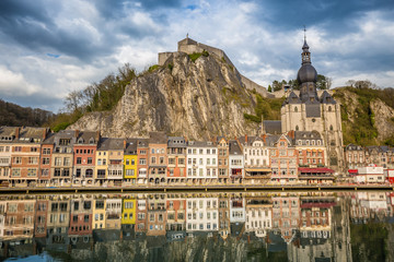 Historic town of Dinant with river Meuse at sunset, Wallonia, Belgium