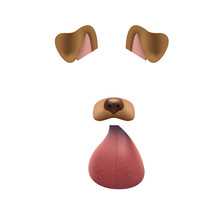 Dog Face Mask For Video Chat Isolated On White Background. Animal Character Ears And Nose. 3d Filter Effect For Selfie Photo Decoration. Brown Dog Elements.