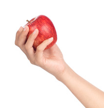 Hand Holding Red Apple Isolated On White Background