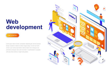 Fototapete - Web development modern flat design isometric concept. Developer and people concept. Landing page template. Conceptual isometric vector illustration for web and graphic design.