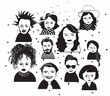 vector illustrated people faces. crowd avatar collection. man woman boy girl. hairstyles beauty hipster glasses. hand drawn sketch. stylish arty unusual. 