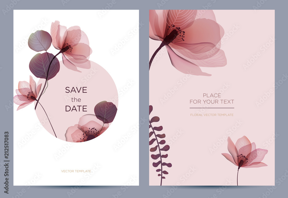 Wedding invitation in the botanical style. Pink flowers on a white background. Background for the invitation, shop, beauty salon, spa.  - obrazy, fototapety, plakaty 
