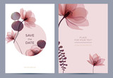 Fototapeta  - Wedding invitation in the botanical style. Pink flowers on a white background. Background for the invitation, shop, beauty salon, spa. 