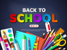 Back To School Sale Poster With Realistic School Supplies. Paper Cut Style Letters On Blackboard Background. Vector Illustration.