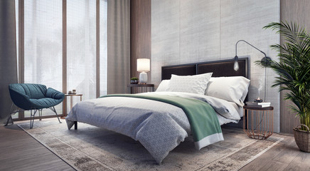 Modern design of bedroom interior 3D Rendering