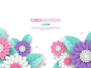 Wall Mural - Paper cut 3d flowers banner in pink, white and violet colors. Place for text. Decorative elements for holiday design. Vector illustration.