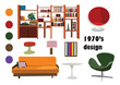 1970s 70s interior design vector elements. retro vintage furniture illustration. living room. Mood board of home decor. Unique Stylish interior.