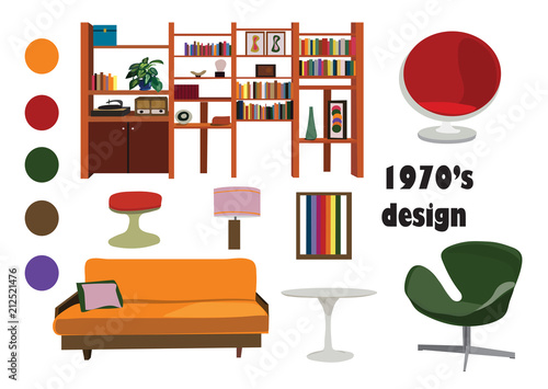 1970s 70s Interior Design Vector Elements Retro Vintage Furniture 1970s 70s Interior Design Vector Elements Retro Vintage Furniture Ilration Living Room Mood