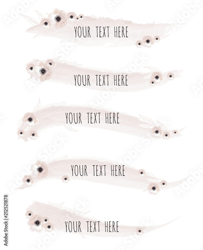 Set of Vector watercolor brush lines with flowers. Design elements.