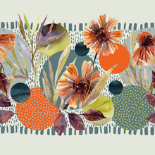 Watercolor Flowers And Leaves, Circle Shapes On Minimal Doodle Textures Background.