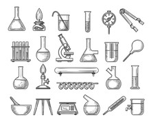 Vintage Chemistry Lab. Vector Ink Engraving Retro Physics Laboratory Pipe And Scale, Glass Flasks And Beaker Isolated On White
