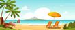 Sea beach and sun loungers. Seascape, vacation banner. Cartoon vector illustration