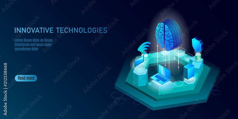 Isometric artificial intelligence business concept. Blue glowing isometric personal information data connection pc smartphone human brain future technology. 3D infographic vector illustration - obrazy, fototapety, plakaty 