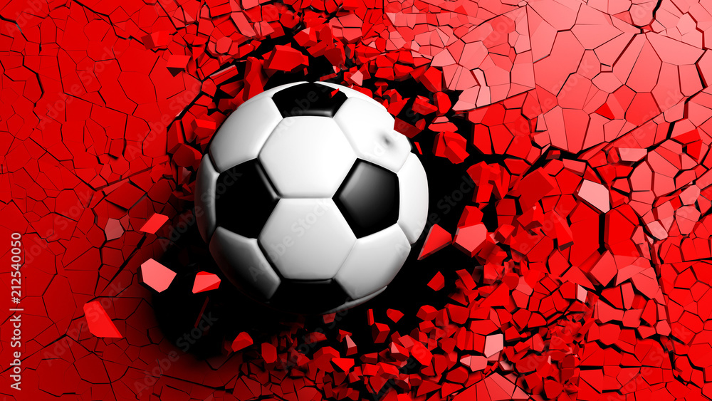 Soccer ball breaking forcibly through a red wall. 3d illustration. - obrazy, fototapety, plakaty 