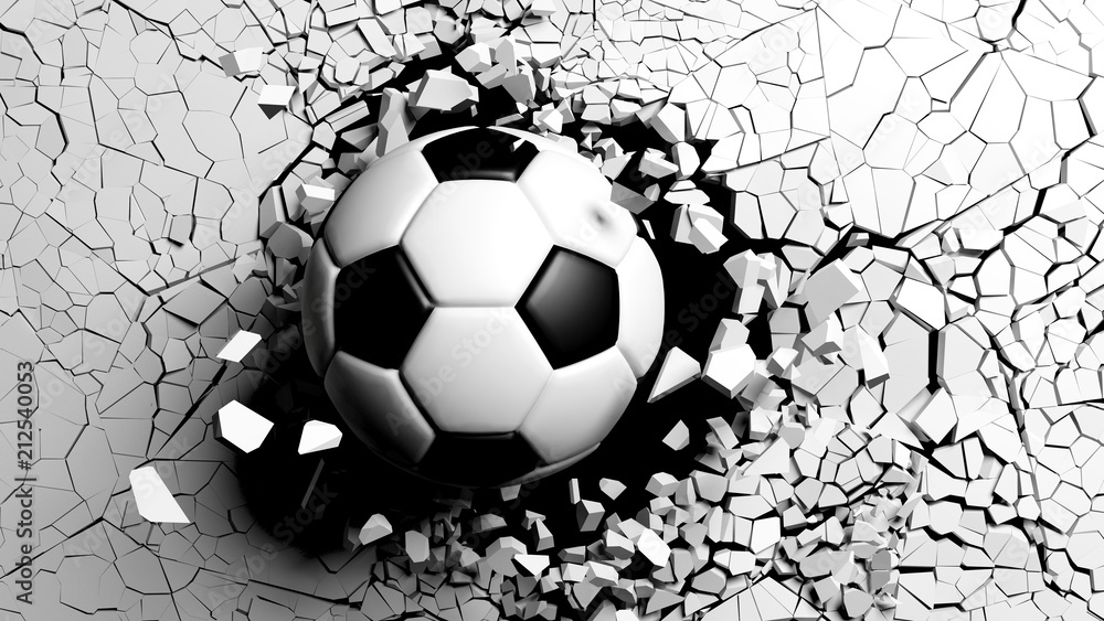 Soccer ball breaking forcibly through a white wall. 3d illustration. - obrazy, fototapety, plakaty 