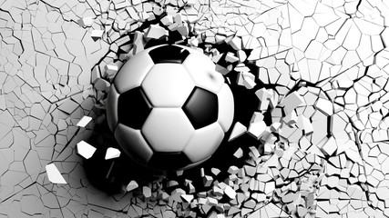 Wall Mural - Soccer ball breaking forcibly through a white wall. 3d illustration.