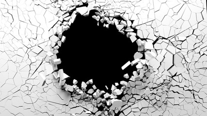 hole on a broken white wall blank space. 3d illustration.