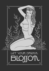 Vector graphic illustration of a pretty woman in underwear with foliage background and lettering quote 