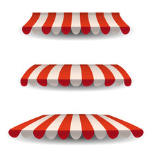 A Set Of Striped Red White Awnings, Canopies For The Store. Awning For The Cafes And Street Restaurants. Vector Illustration Isolated On White Background. Isolated
