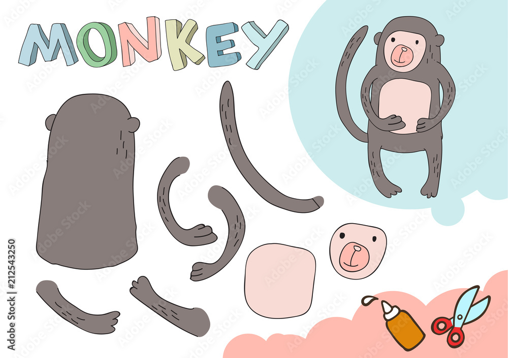 Funny Monkey Paper Model. Small home craft project, DIY paper game. Cut ...