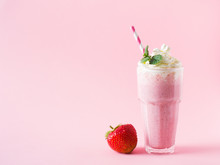 Strawberry Milkshake Or Smoothie And Fresh Raw Berries