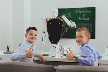 Wall Mural - everything is great. happy positive boys turning to you while showing ok signs