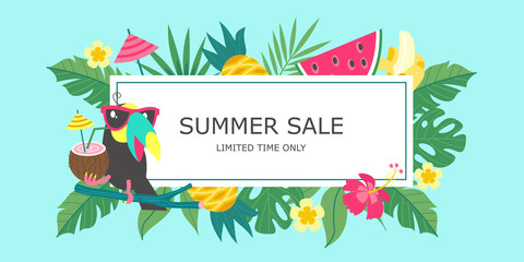 Summer sale. Bright colorful advertising poster. Cheerful Toucan, tropical leaves and fruit. Illustration in cartoon style.