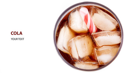 Cola in glass with straw and ice cubes isolated on white background. Soda with bubbles isolated on white. Refreshing non-alcoholic drink